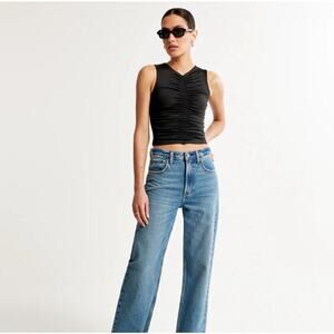 NWOT Abercrombie & Fitch BARE Ruched Trendy High-Neck Black Cropped Shirt Small